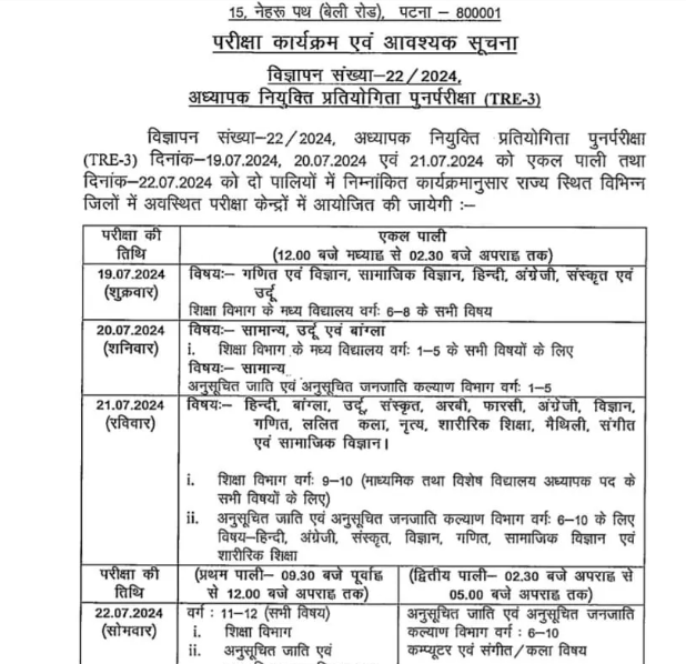 Bihar TRE 3.0 Admit Card 2024